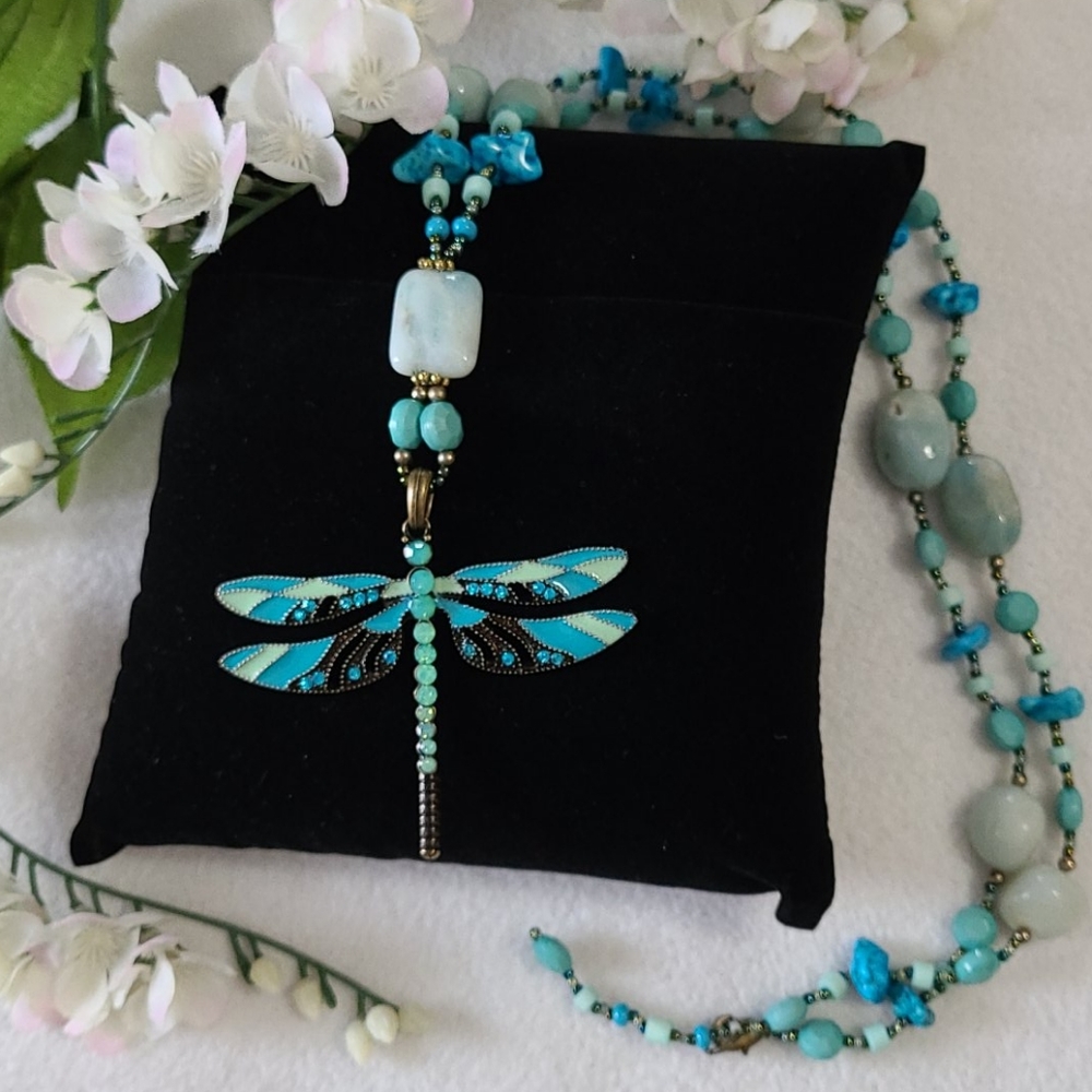 Dragonfly Artisan Necklace Hand Crafted Beaded Turquoise Stones Crystals 16.5"